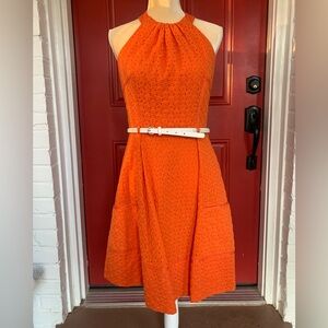Orange summer A-line dress with white belt
